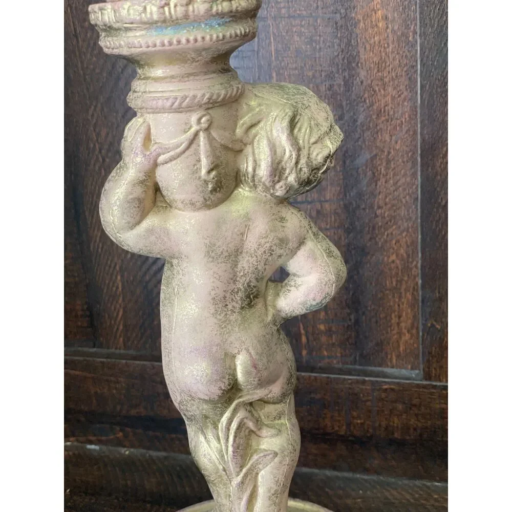 Vintage Cherub Table Lamp with Cut Glass Hurricane Shade |  Accent Light